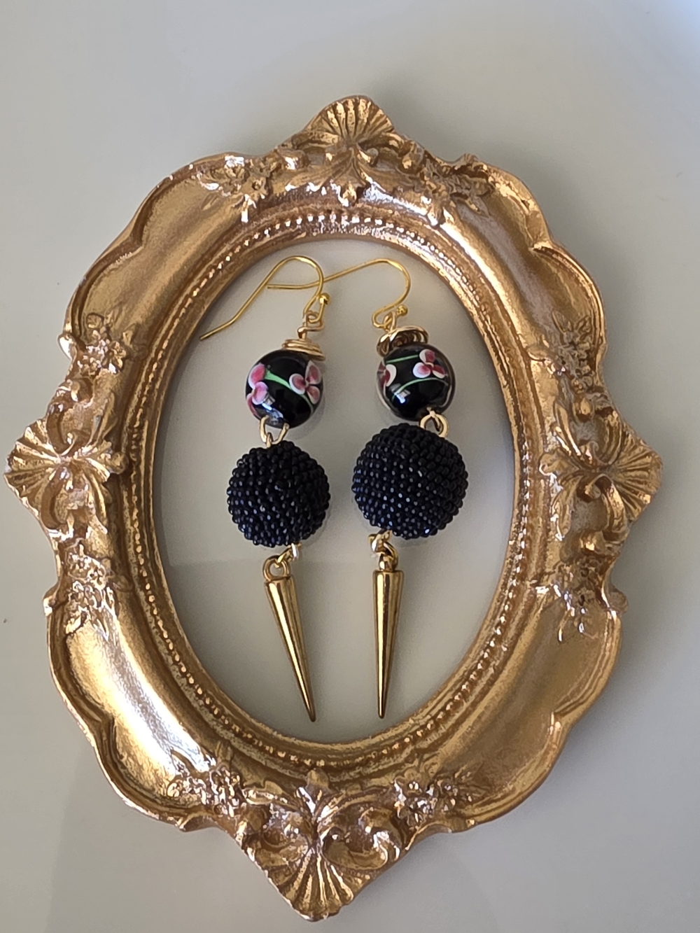 Black Floral Bead & Gold Spike Dangle Earrings Handmade